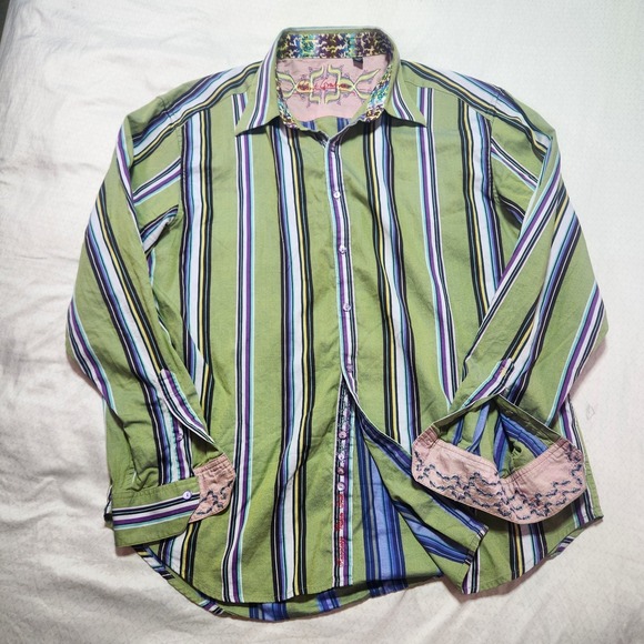 Robert Graham Other - Robert Graham Mens Large Green Striped Button Up Shirt with Turn Cuffs